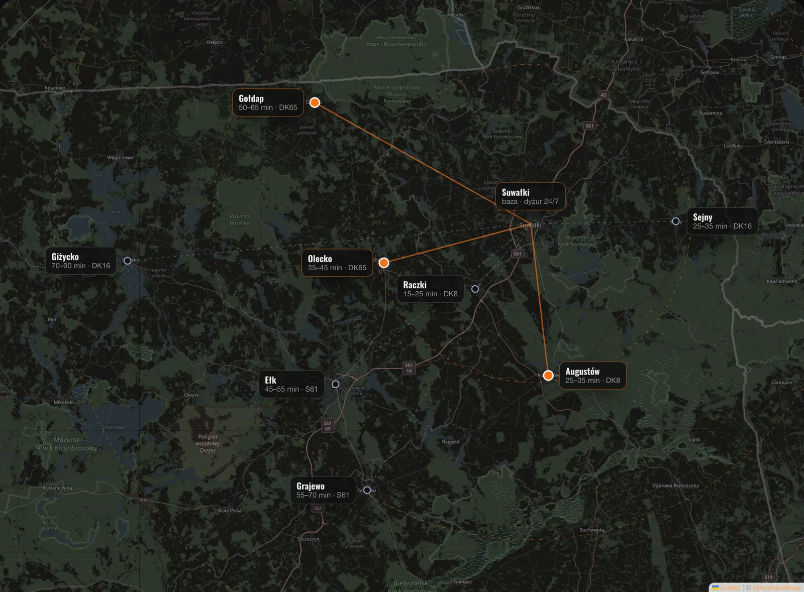 Mapa obszaru działania HOL TRANS: baza w Suwałkach, czasy dojazdu do Augustowa (25–35 min), Olecka (35–45 min), Gołdapi (50–65 min) oraz Sejn, Raczek, Ełku, Grajewa i Giżycka.